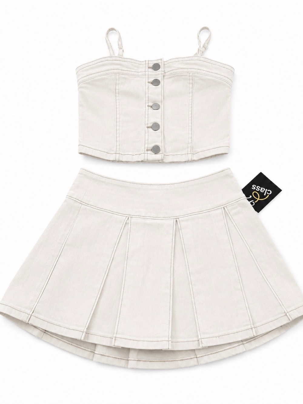 art class White Button-Front Crop Top & Pleated Mini Skirt Set